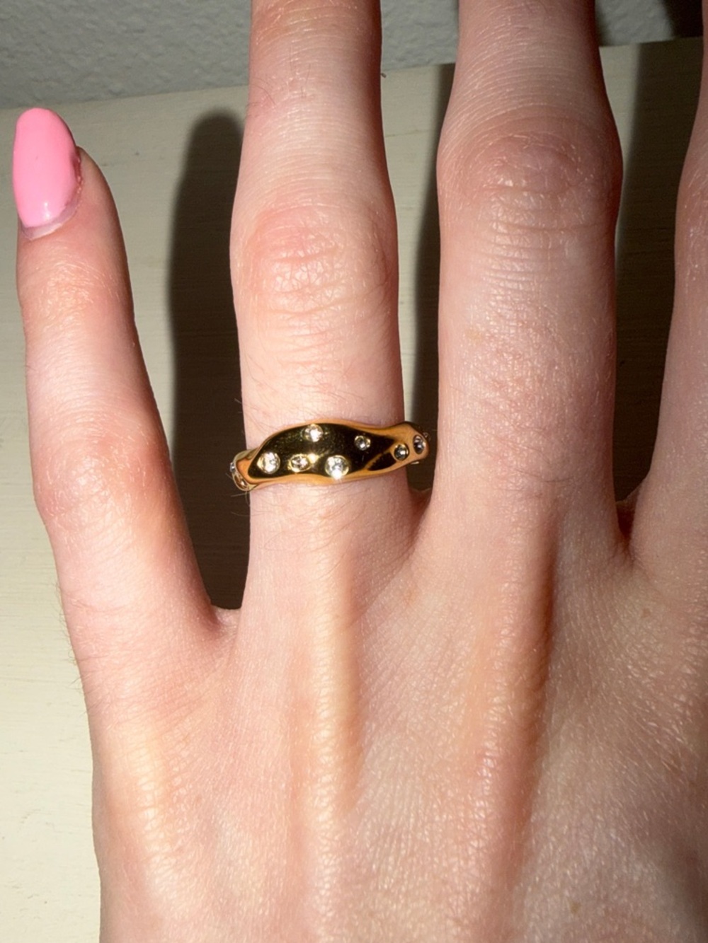 Gold Band Ring with Black Enamel and Crystal Accents Size 7 - Women Jewelry